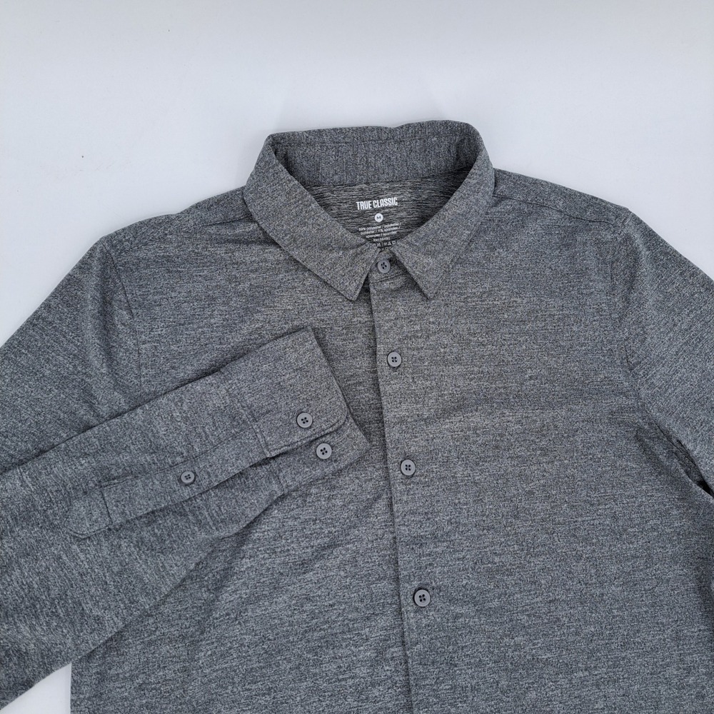 True Classic Button Down Shirt Mens Medium Poly Spandex Gray Heather Long Sleeve
